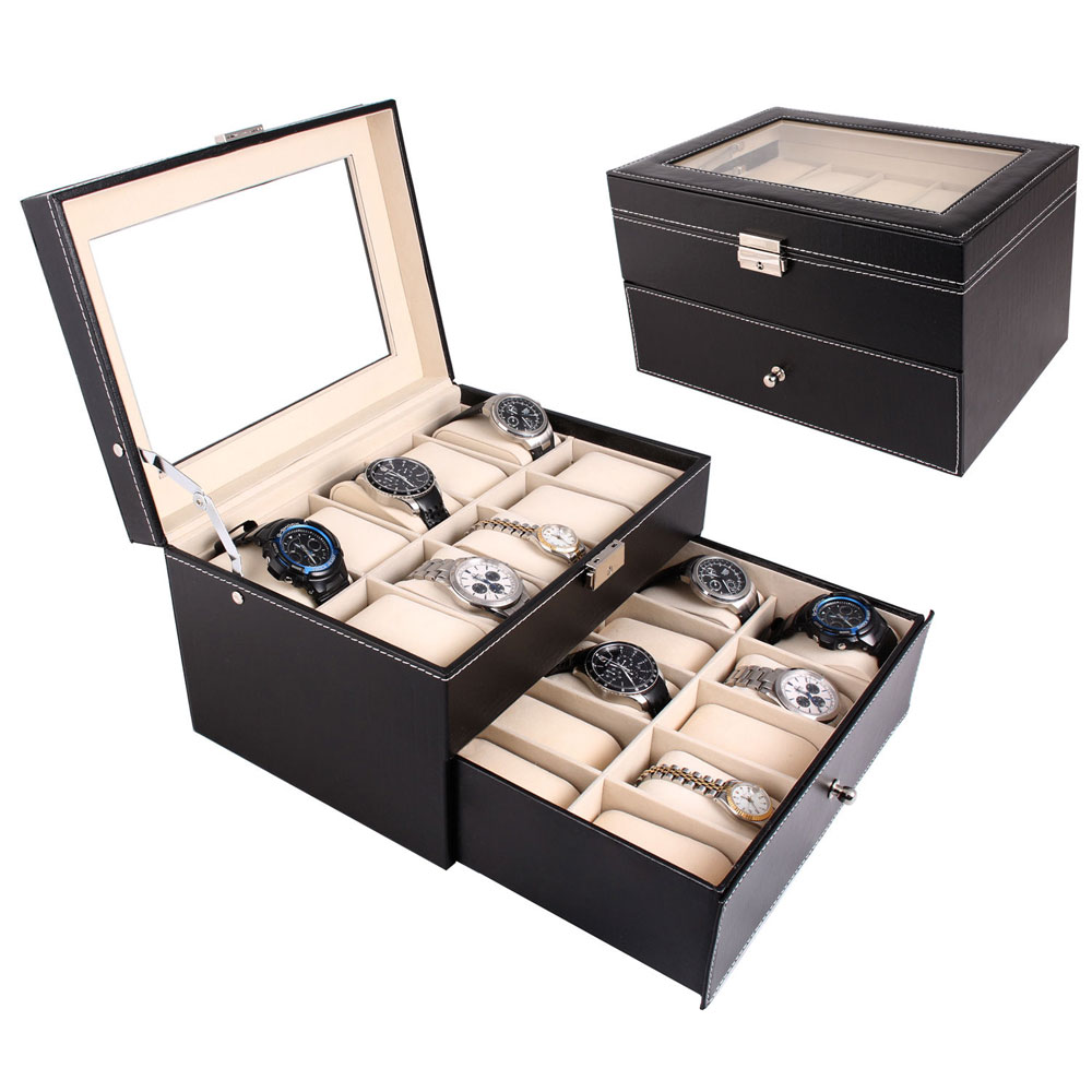 New 20 Slot Men/Women Watch Box Leather Display Table Organizer Jewelry